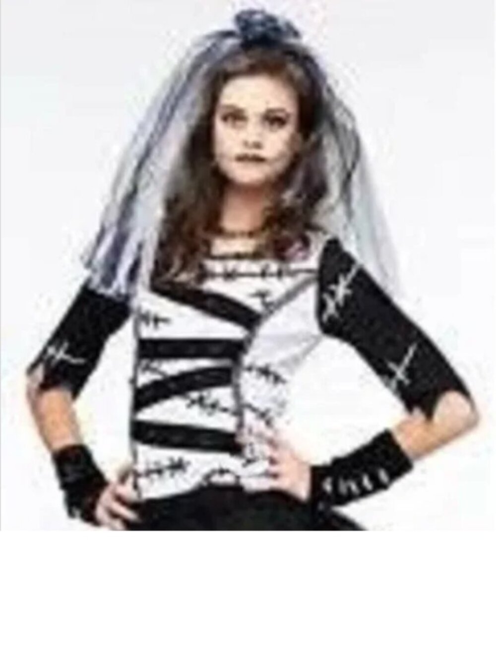 Monster Bride Halloween Costume 0/9 Black White Top, Veil, Sleeves 4 Pc Jr Girls